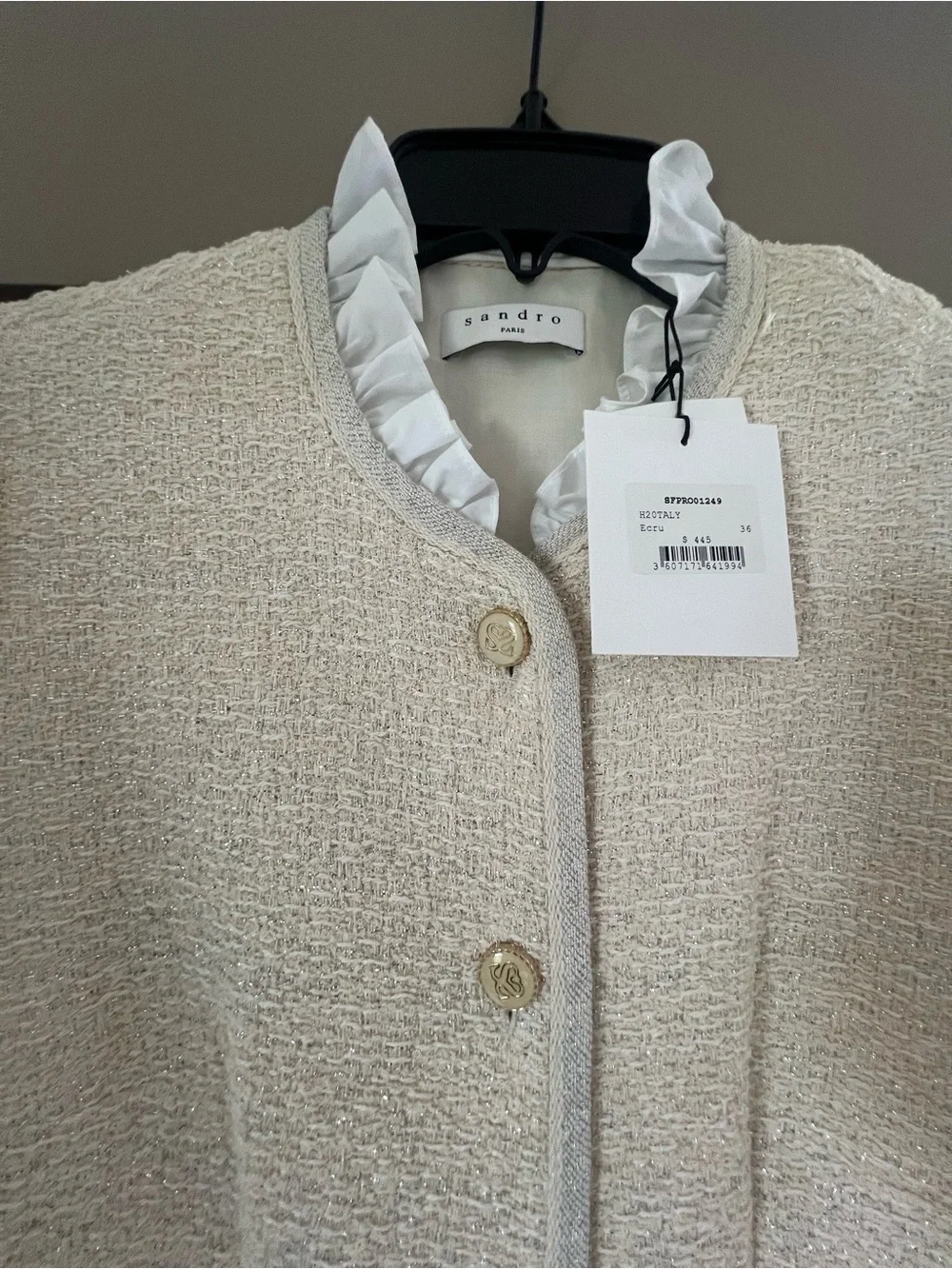 Sandro Cream Tweed Ruffle-Collar Jacket - Picture 2 of 6